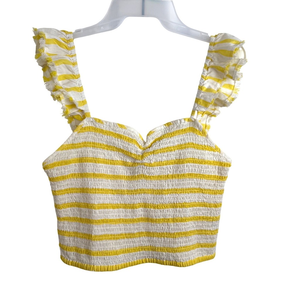 Free People Yellow White Striped Smocked Crop Top Ruffle Cottagecore LG Boho